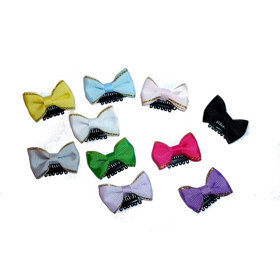 Puppy Bows ~ Gold edge 10 tiny pet hair bows with snap comb clips attached (fb472)