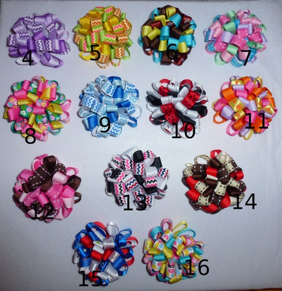 Puppy Bows ~ Fun multi loopy puff hair bows 16 COLOR CHOICES barrette or bands pet dog bow