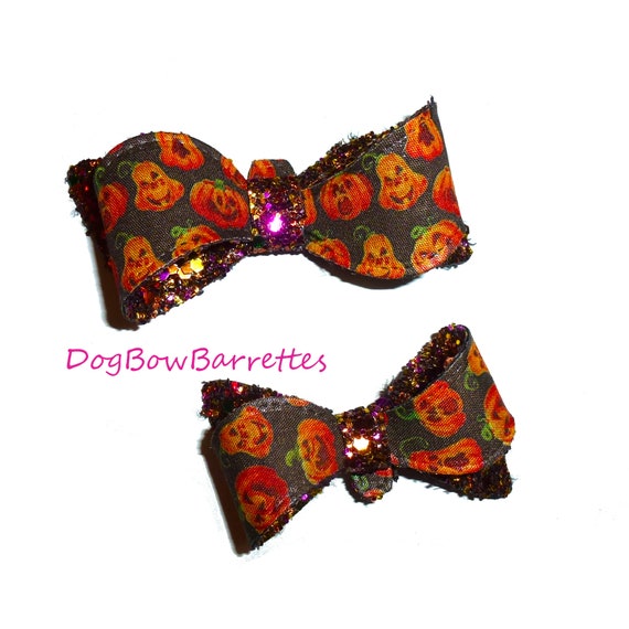 Dog Bows ~ Halloween pumpkin wavy bowknot , barrette bow glitter hair clips for pets  (fbgb)