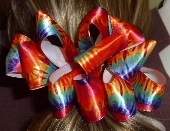 Becky Bows ~ Barrette ribbon Hand crafted BIG hair bow Women or Girls orange yellow tie dye