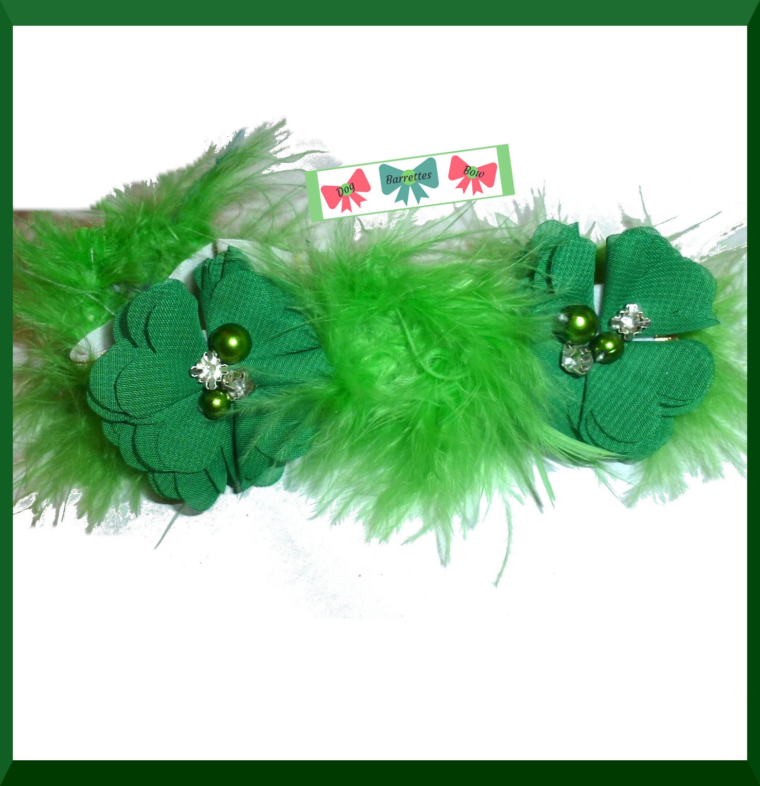 Decorative dog elastic collar St. Patrick's day marabou boa feathers  chiffon flowers 11-13 neck (FB127B)
