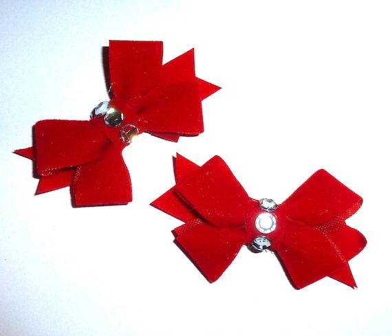Puppy Bows ~Red velvet rhinestone Christmas Valentines pet hair bowknot bow bands or barrette ~USA seller