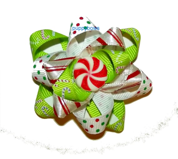 Puppy Bows ~ Christmas peppermint boutique bow green red latex bands or barrette (fb78)