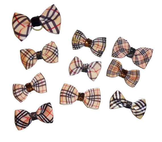 Dog Bow Barrettes brown plaid 10pcs pet hair grooming bows (FB395)