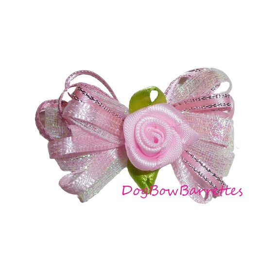 Puppy Dog Bows ~ Pink white dots wild loop rose pet hair bow  barrettes  (fb182F)