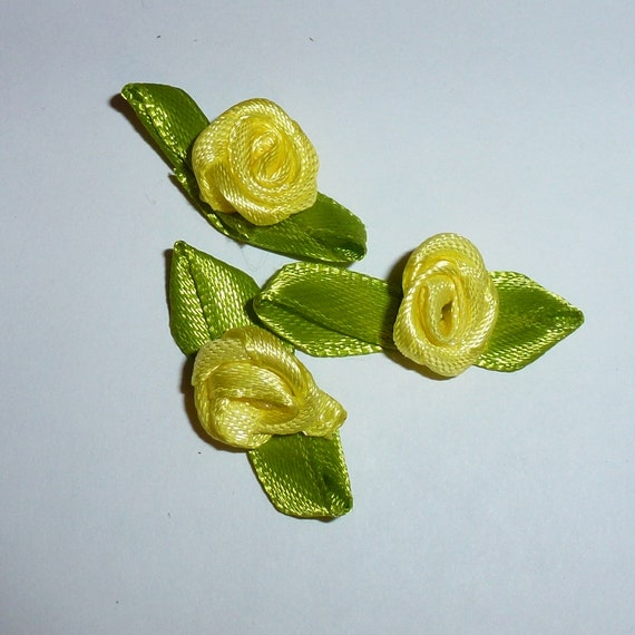 Puppy Bows craft items ~ 50 Ribbon rose yellow flower appliques satin green leaves