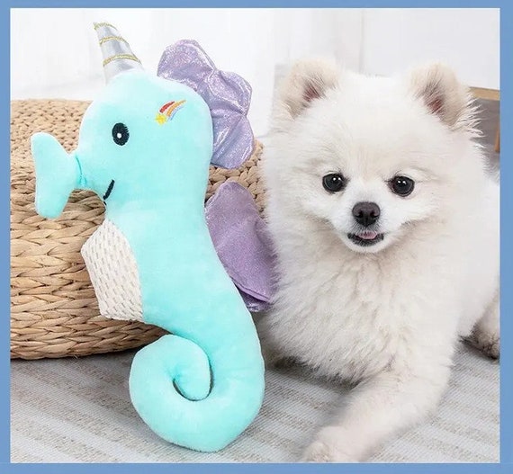 DogBowBarrettes Seahorse blu 11" plush stuffed squeaky dog toy  (to4)