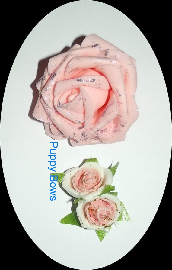 Puppy Bows ~Barrette POODLE collar rose EAR bow pink roses dog grooming ~USA seller