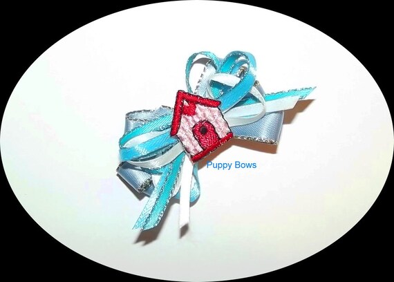 Puppy Bows ~BLUE multi loop Dog house dog bow pet bands, hair clip or barrette (fb17)
