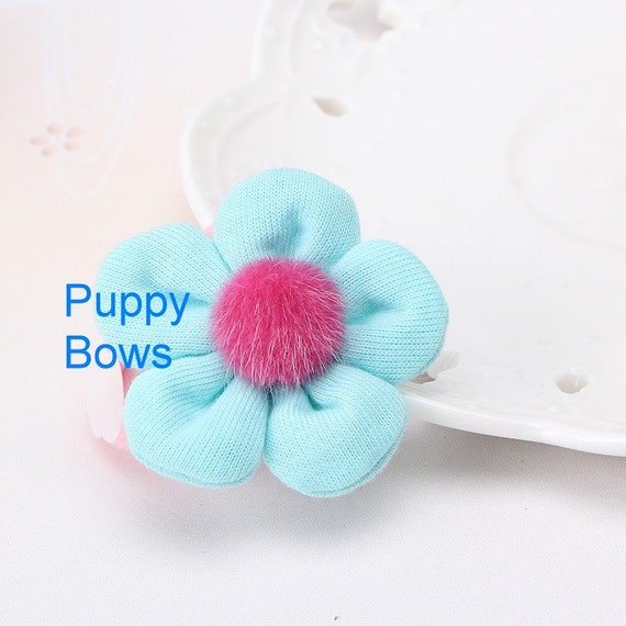 Puppy Bows ~ Girl OR Boy adorable terry cloth dog bow clips TWO yellow and blue flower ~Usa seller