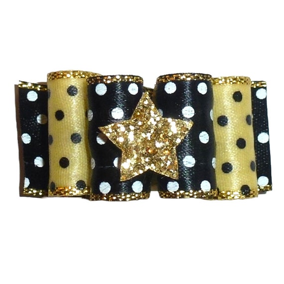 Puppy Bows ~ Gold black dot stiffened show pet hair bow latex bands or barrette  (fb416G)