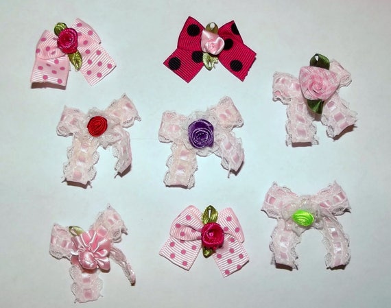 Puppy Bows ~8 pink lacey dot girl EVERYDAY BOWS Yorkie Maltese Shih Tzu ~Usa seller (fb81)