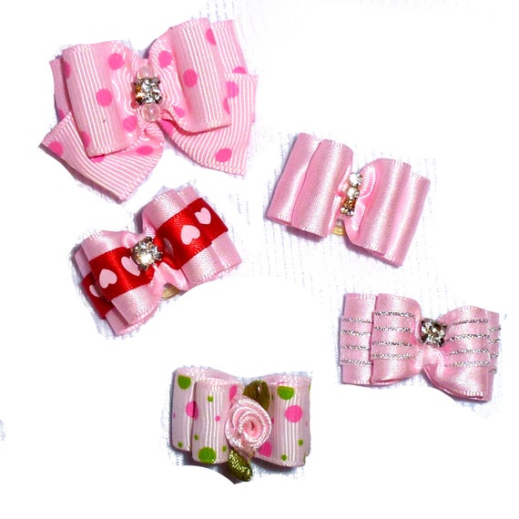 Puppy Bows ~Pink bows for dogs 5 show bows dog bow pet hair clip barrette or latex bands (sb1)