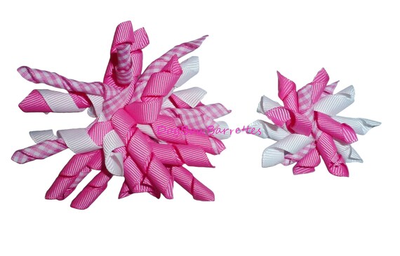 DogBowBarrettes pink white gingham Korker curly twisty loop hair bow or collar slide pet hair clip barrette or latex bands   (fb120)