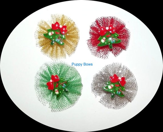 Puppy Bows ~ CHRISTMAS ballerina tulle TREE round pet hair bow gold silver red green (fb50)