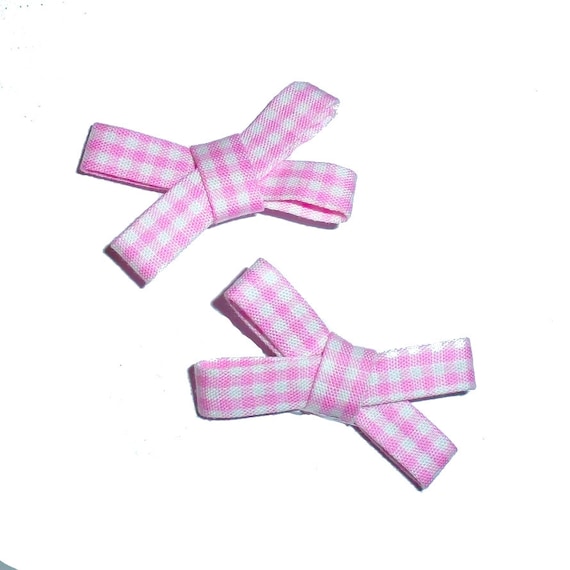 Puppy Dog Bows ~ CLEARANCE Pink gingham linen criss cross shape pet hair bow barrettes or bands (fb4i)