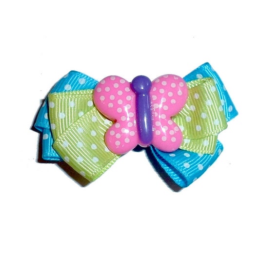 Puppy Bows ~  Butterfly blue green 2" big dog hair bowknot bow bands or barrette or collar slide  (fb4F)