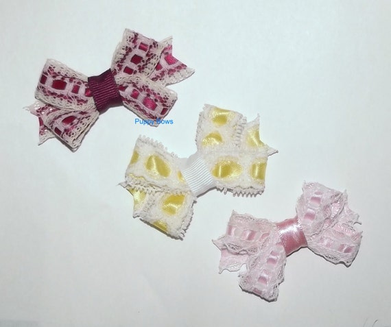 Puppy Bows ~3 lovely lace bow 2" dog hair pet comb clip barrette pink yellow ~Usa seller