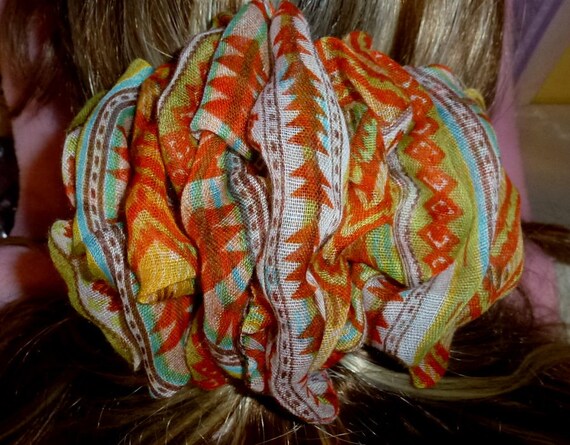Becky Bows ~ Barrette scarf Hand crafted oversized BIG hair bow Women or Girls orange ethnic print