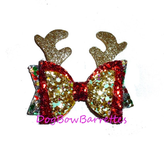 Christmas small glitter dog bow reindeer puppy hair bows barrettes or bands (FB109C)