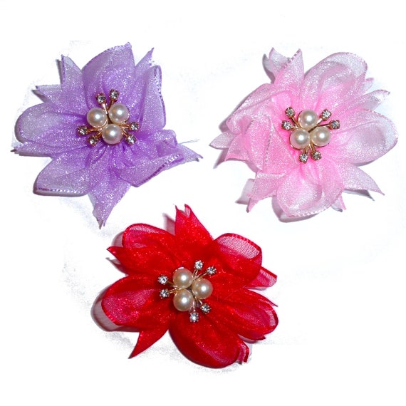 Chiffon flowers rhinestone pearl centers dog bows barrette or bands  pet hair bow  - (fb468)