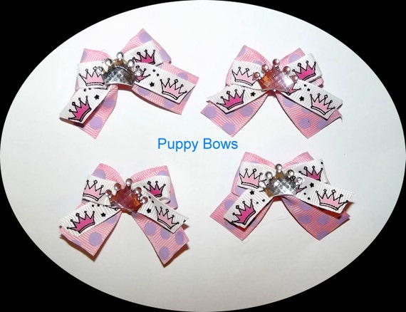Puppy Bows ~Girls set of 4 PRINCESS CROWN bow pink purple ~USA seller