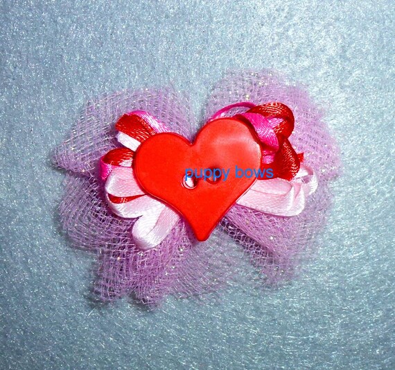 Puppy Bows ~ ballerina tulle pink red glitter heart pet hair bow ~Usa seller (fb94)