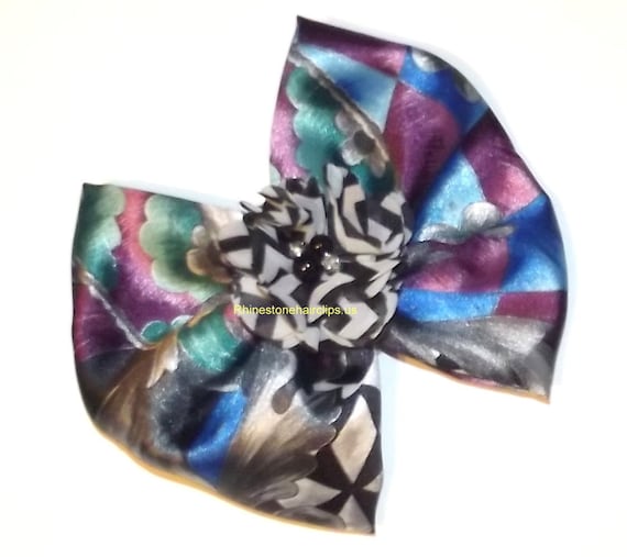 Becky Bows ~OOAK Barrette Hand crafted huge Scarf BIG hair bow Women or Girls giant purple teal black gray