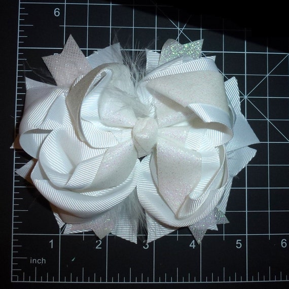 Puppy Bows ~  White feather glitter bow 5" big  bowknot bow bands or barrette or collar slide  (DC45)