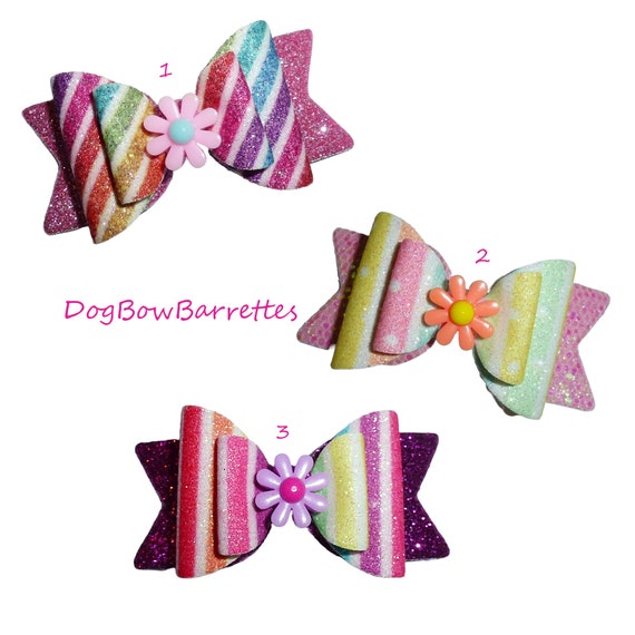 Dog hair bows pet grooming bow rainbow glitter stripes band or barrette clip (GLBX)