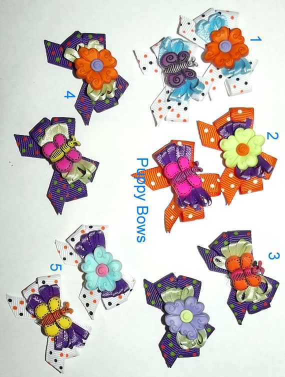 Puppy Bows ~Butterflies and flowers purple dog bow pet bands, hair clip or barrette