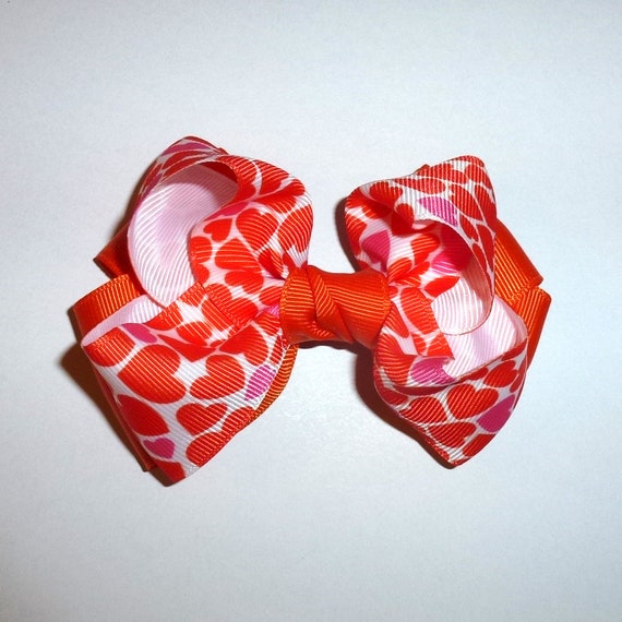 Puppy Bows ~  BIG bow  Orange pink hearts bowtie 4" dog hair bow or collar slide bands or clip (fb520)