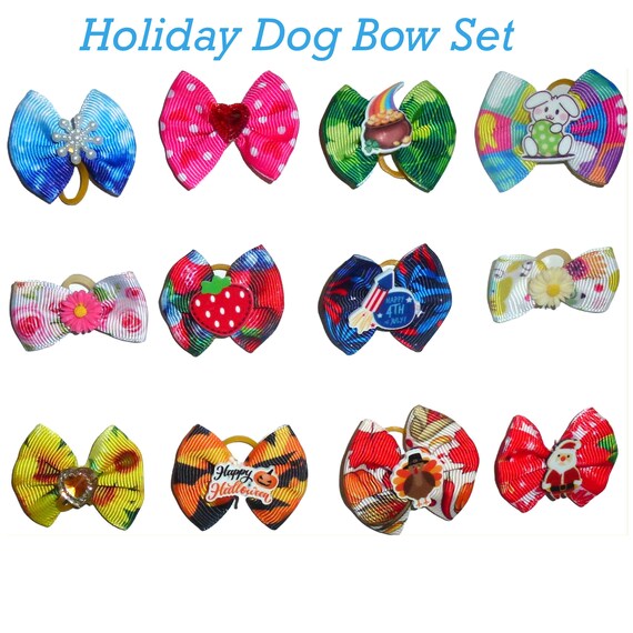 Dog Bow Barrettes Holiday Seasons set FREE SHIP! 12 bows or 12 pairs Christmas 4th of July Winter Summer