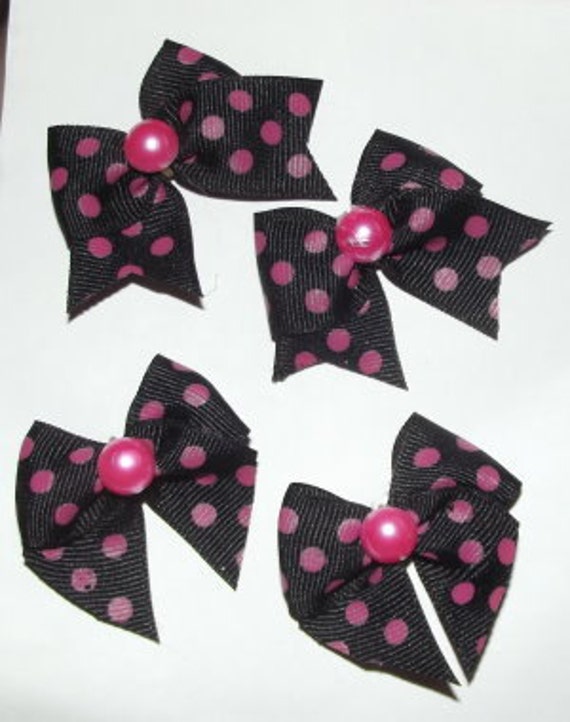 Puppy Bows Set of 4 black w/hot pink dots bows for dogs (fb22)