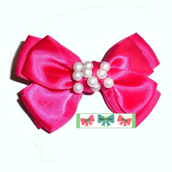 Puppy Bows ~ Pink satin triple loop pearl pet dog hair bow barrette, collar slide accessory or latex bands (FB566)