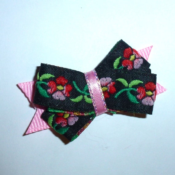 Puppy Bows ~black pink floral dog pet hair bowknot bow bands or barrette or collar slide (fb116)~USA seller