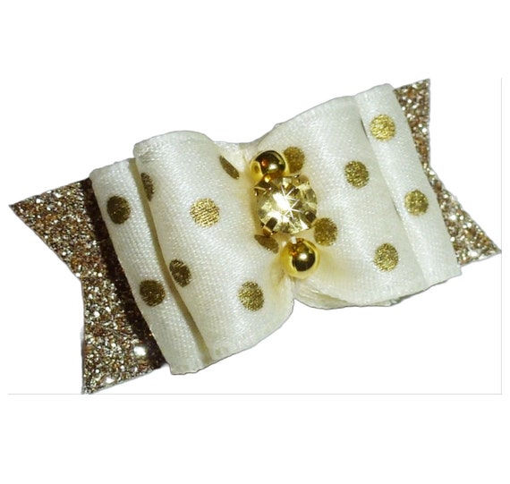 Puppy Dog Bows ~ Gold dots show with rhinestone center pet hair bow  barrettes  (fb5)