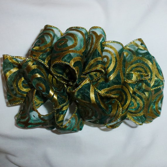 Becky Bows ~ Barrette scarf Hand crafted oversized BIG hair bow Women or Girls Christian gold green Christmas