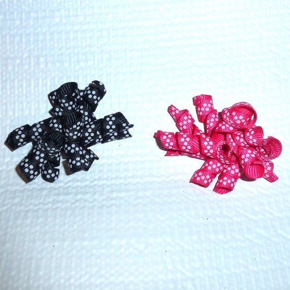 Puppy Bows ~Black/white polka dots or Pink/white dots korker dog pet hair bowknot bow bands or barrette or collar slide (fb118)~USA seller