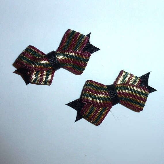 Puppy Bows ~Burgundy gold black tiny pairs dog pet hair bowknot bow bands or barrette or collar slide (fb116)~USA seller