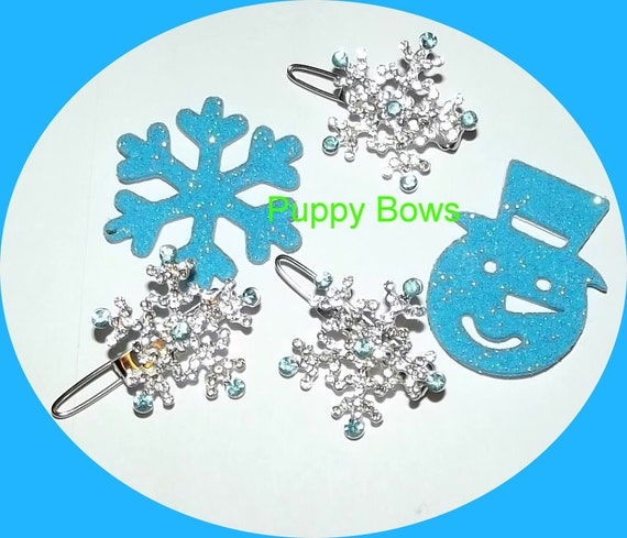 Puppy Bows ~Rhinestone barrette 4 leaf CLOVER or frozen SNOWFLAKE dog bow clip ~ USA seller