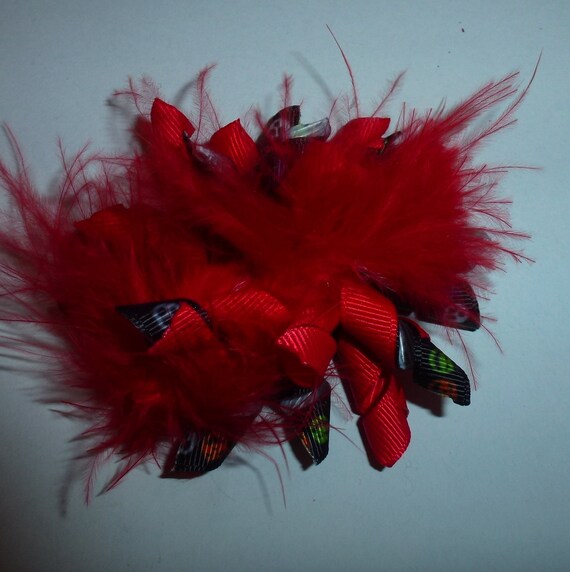 Puppy Bows feather boa red fuzzy Korker loop hair bow or collar slide pet hair clip barrette or latex bands   (fb120)