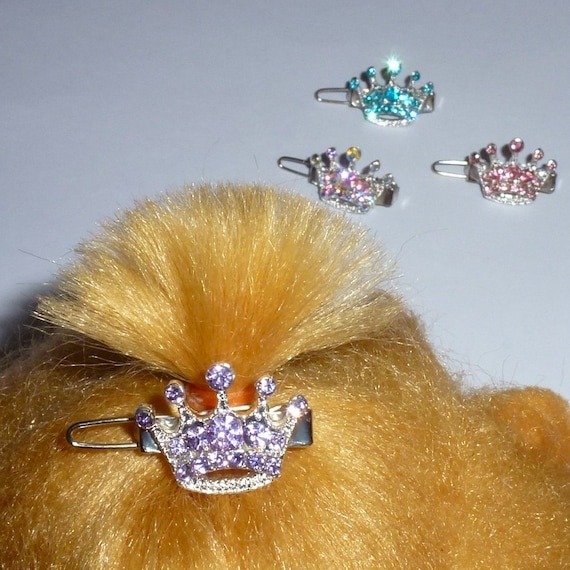 Puppy Bows ~ TINY 3/4" rhinestone crystal crown dog bow  pet hair clip topknot barrette 10 colors!! (fb282)