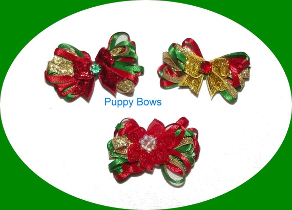 Puppy Bows ~ wild loop CHRISTMAS red green gold dog pet hair bow - USA made and sold