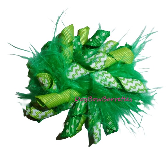 Puppy Bows feather boa green fuzzy Korker loop hair bow or collar slide pet hair clip barrette or latex bands   (fb120)