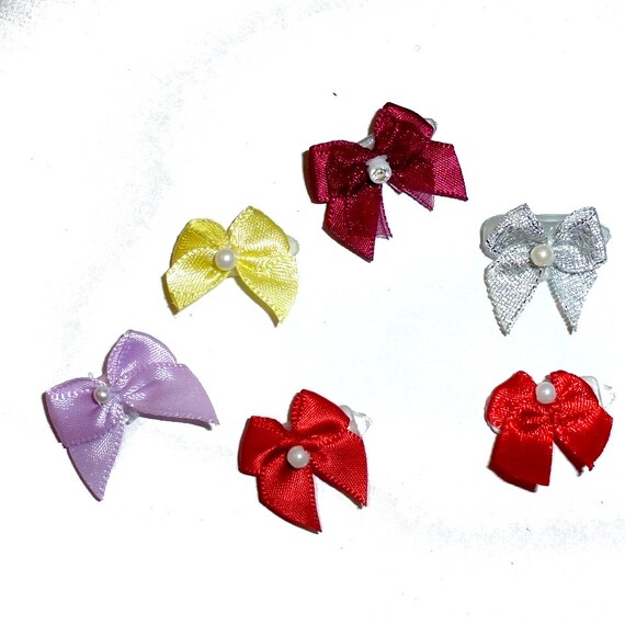 Super tiny pearl beaded 6 satin bows on plastic barrette  clip pet hair dog bow (fb361M)