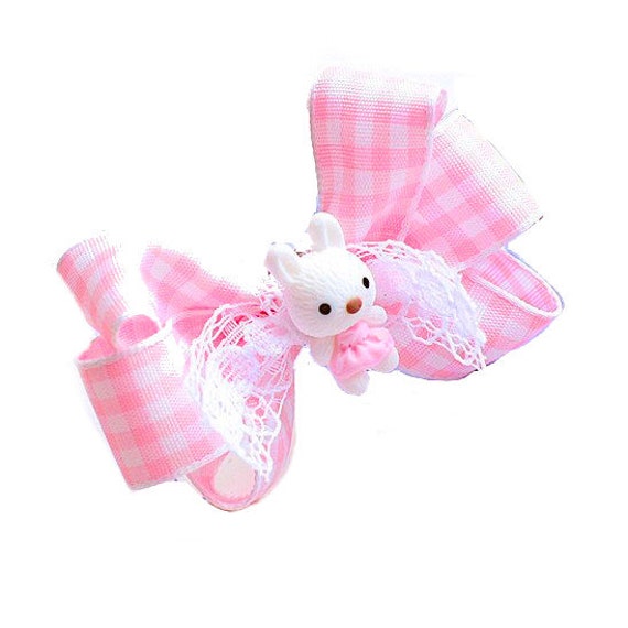 Puppy Bows ~ Easter bunny rabbit pink white gingham dog bow or collar slide accessory attachment hair barrette (fb169A)