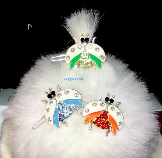 Puppy Bows ~ CLEARANCE SALE 50% OFF Rhinestone ladybug barrettes for dogs bow pet barrette blue green orange