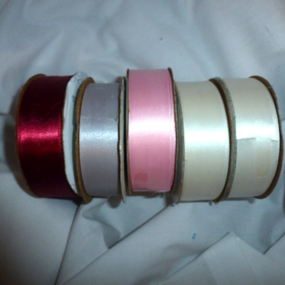 Puppy Bows ~ ribbon craft supplies LOT 7/8" single face satin burgundy pink gray ivory 27 yards Offray (lot9)