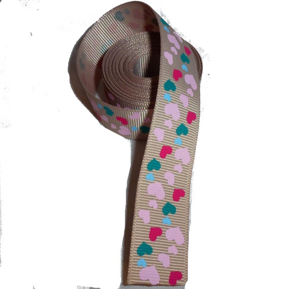 Puppy Bows ~ ribbon craft supplies 7/8" grosgrain tan with teal pink hearts Valentine's day ribbon 3 yards ~ US seller